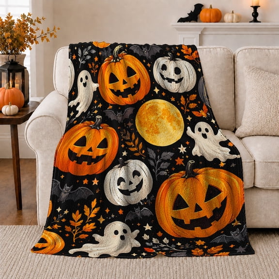 Black Night Jack O Lantern and Ghost Flannel Blanket, Cozy Bold Halloween Home Decor for Living Room and Bedroom, Halloween Gift with Golden Moon Bats Stars and Fall Leaves