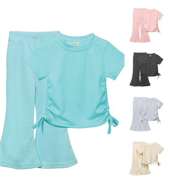 HCYSFG Girls Solid Color Outfit Sets 2 Piece Ruched Crop Top And Flare Pants Clothing Sets Crewneck Short Sleeve Matching Sets