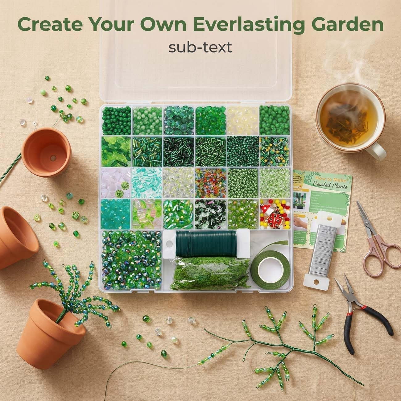 5500 Pcs DIY Beaded Plant Kit, Forever Plant Beaded Leaf Flower Beads Plant Making Equipped with a Flower Pot,Green Glass Crystal Waterdrop for Jewelry Making DIY Craft (1 Set)