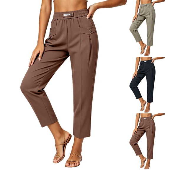 Tapered Ankle Cropped Dress Pants for Women, High Rise Solid Slim Fit 9/10 Length Business Casual Pants with Side & Back Pockets Coffee XS(XS)