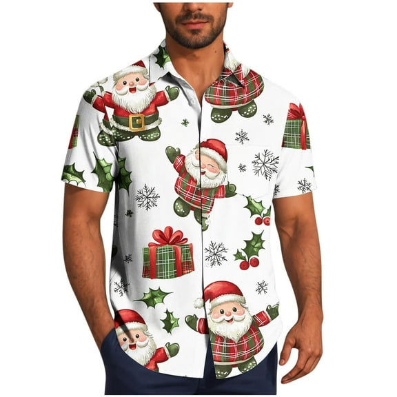 SERTG Men's Christmas Print Short Sleeve Shirt Lapel Collar Button Front Resort Casual Hawaiian Shirt Men Christmas Gifts Tops(White,3XL)