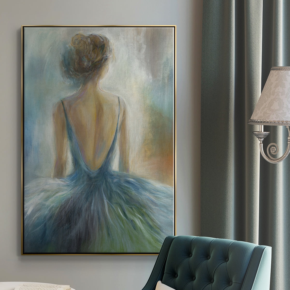 Lady in Blue Framed Premium Gallery Wrapped Canvas - Ready to Hang - 27 x 41 - Gold Floating Frame