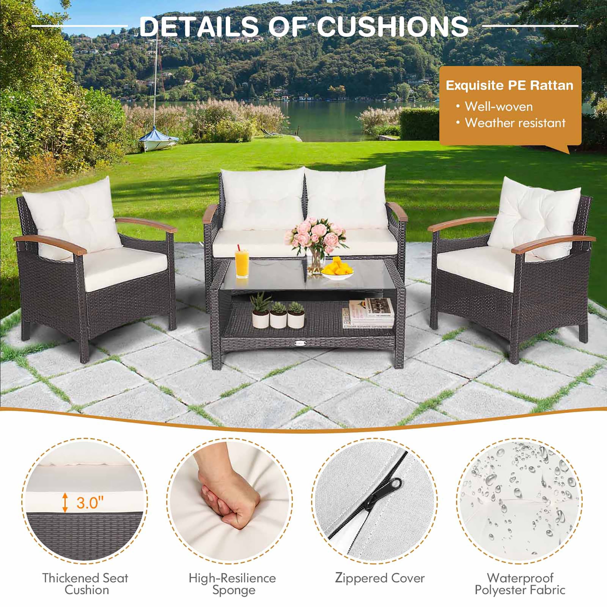 Costway 4PCS Patio Rattan Conversation Set Cushioned Sofa Storage Table Off White