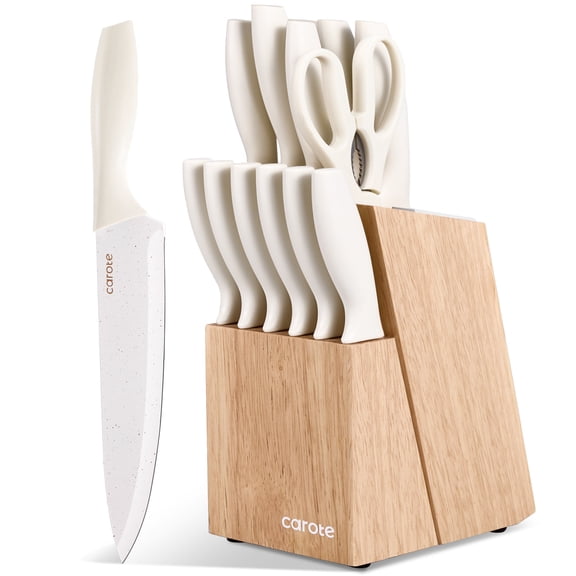 CAROTE 15-Piece Premium Kitchen Knife Set, White Ceramic-Coated Blades with Stylish Wooden Block