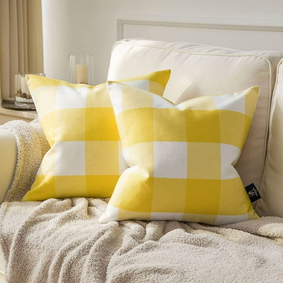 Pack of 2 Gingham Buffalo Check Plaid Throw Decorative Pillow Cover Outdoor Indoor Throw Pillows Farmhouse Square Pillow Cases for Home Decor Yellow,18 x 18 Inches