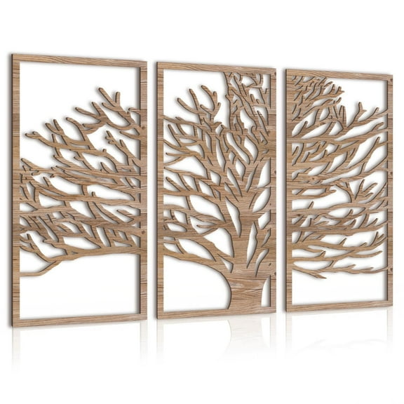 Set of 3 tree wood wall art,boho wooden wall decor，Natural hollow out home decor for living room bedroom and office.Decor 16X32In