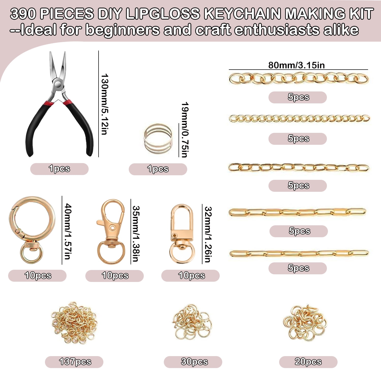 390 Charms Lip Gloss Keychain Making Kit, Including 20 Keychain Clips 25 Extender Chain 118 Charms Jewelry Plier, Bag Charm Kit, Keychains Making Supplies for DIY Crafting and Jewelry Making