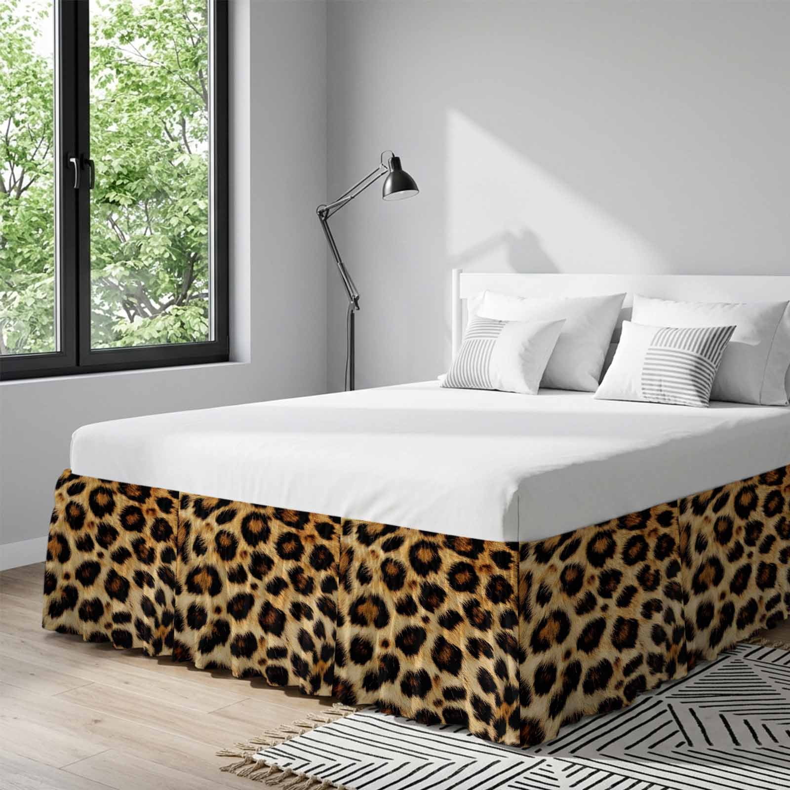 Bed Skirt Fashion Wild Style Adjustable Elastic Wrap-Around Dust Ruffle with Vintage Brown Leopard Print 16 Inch Drop, Bed Frame Cover for King Size Bed