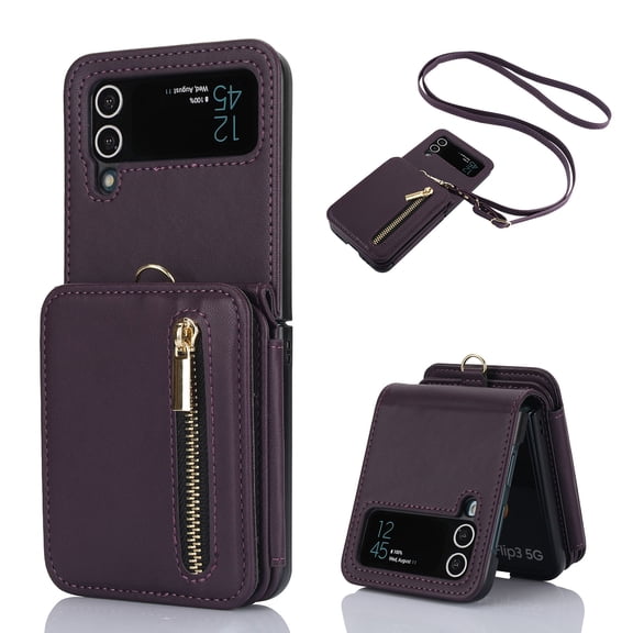 for Samsung Galaxy Z Flip 4 Luxury Zipper Wallet Phone Case, Multi-function Kickstand Card Holder Adjustable Crossbody Strap, Fashion Flip Case for Women and Girls RFID Blocking - Darkpurple