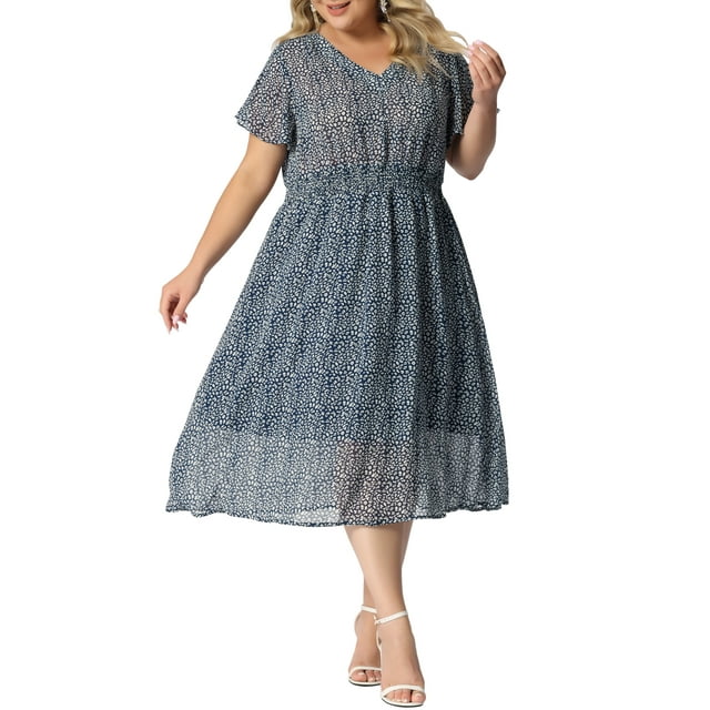 GRACE & GRANDEUR Robe pour Femme Grande Taille Col en V Fleurie Bohème en Mousseline Smockée Robe Midi 1X Bleu Foncé