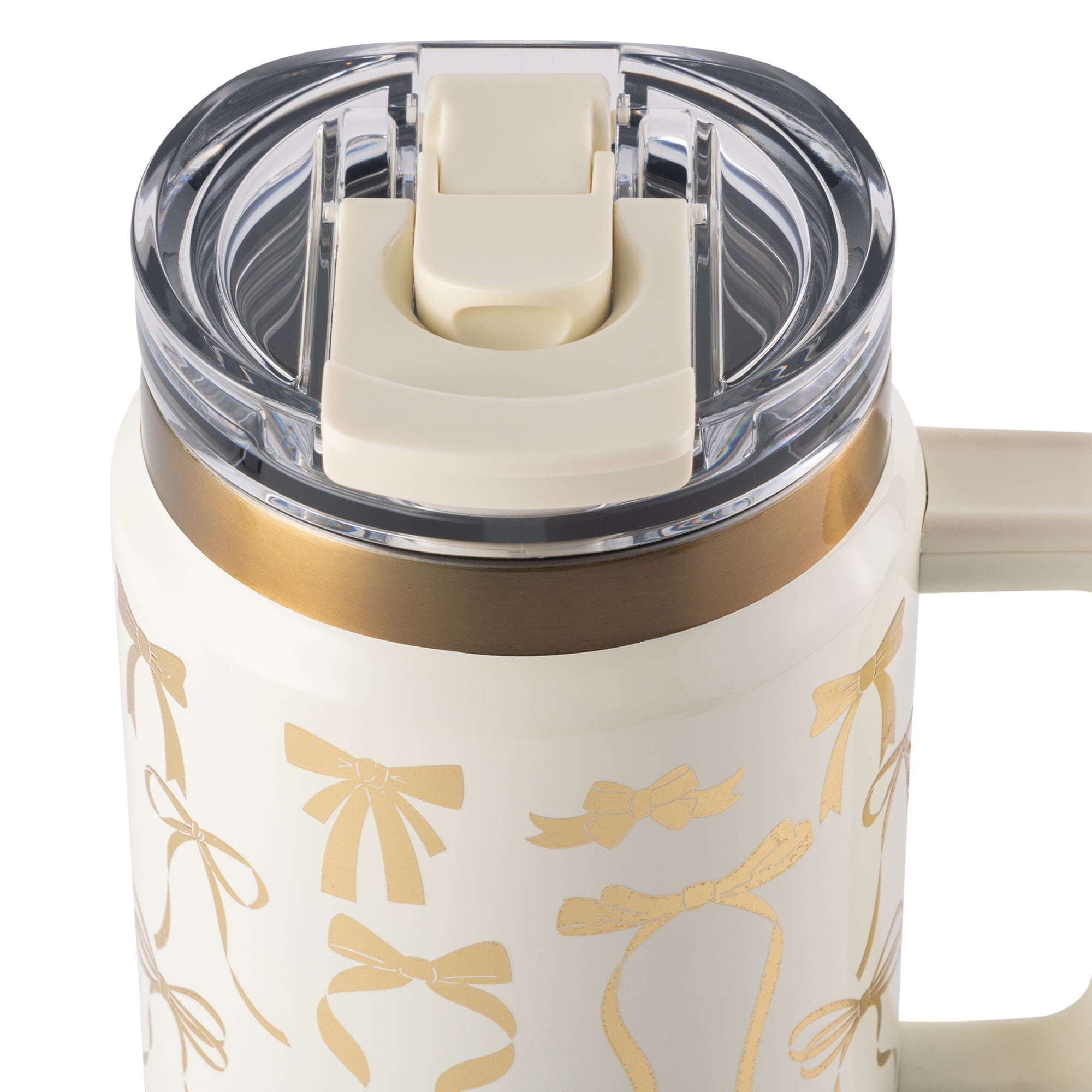 Thyme & Table 32 fl oz Stainless Steel Luna Tumbler with Handle and Dual Straw Lid, Cream & Gold Bows