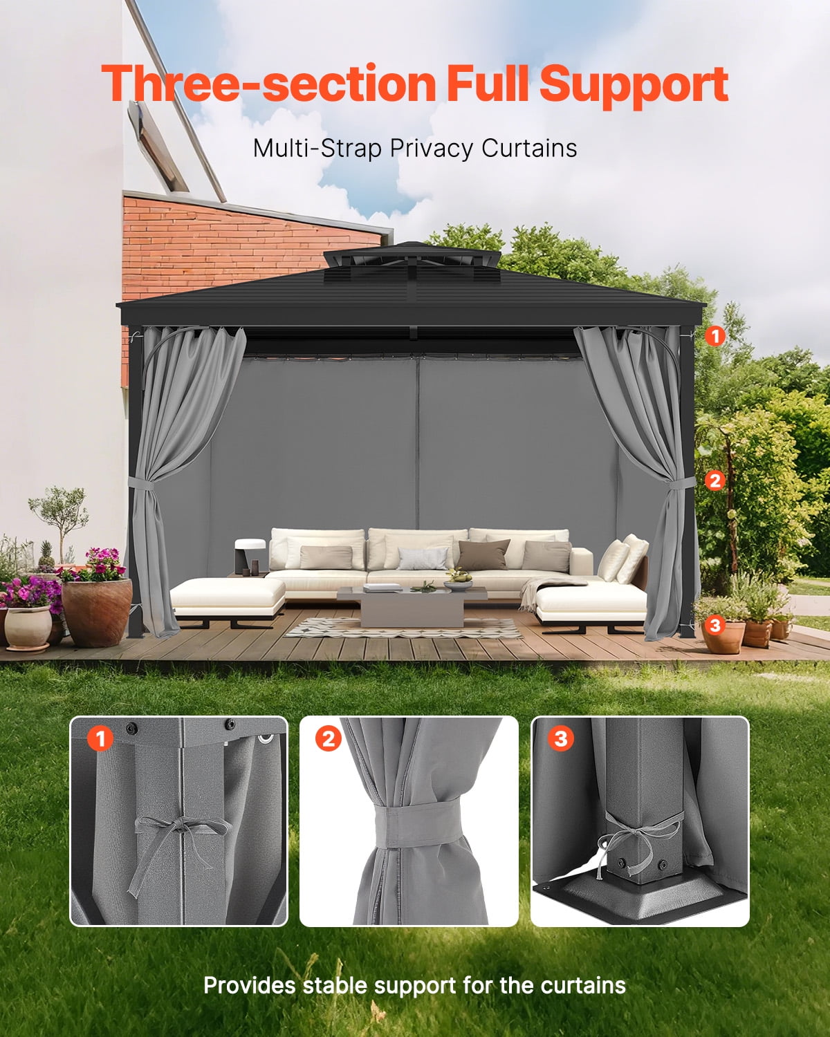 VEVOR Gazebo Curtains Outdoor, 12' x 10' x 6.7' Gazebos, 4-Panel Sidewall Gazebo Privacy Curtains with Zippers, Outdoor Curtain Replacement for Patio Canopy, Only Curtain, Gray