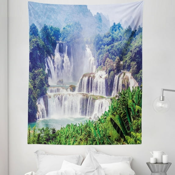 Exotic Tapestry, Waterfall Exotic Tropical Leaves Natural Swimming Pool Water Picture, Fabric Wall Hanging Decor for Bedroom Living Room Dorm, 5 Sizes, Forest Green Pale Blue, by Ambesonne