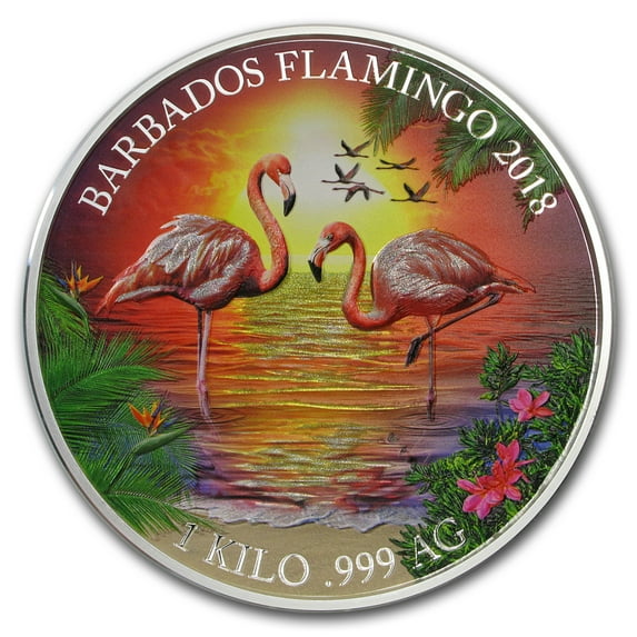 2018 Barbados 1 kilo Silver $25 Flamingo Prooflike (Colorized)