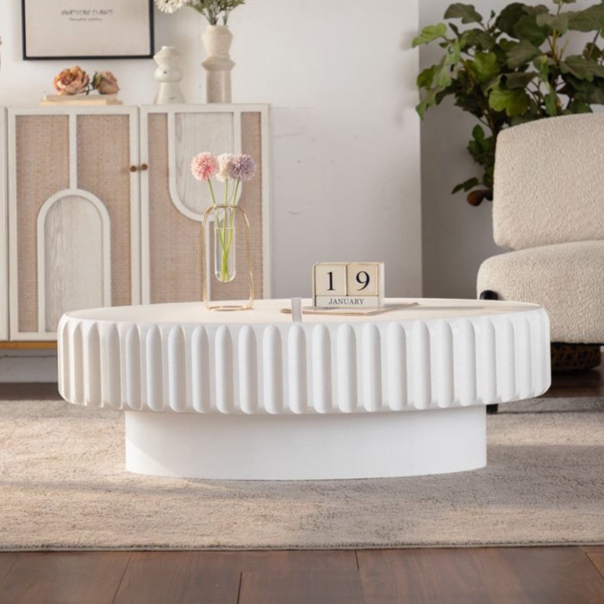 Leumius Coffee Table Fluted Storage Table with Lift-Off Lid, Sleek Texture Olive-Shaped Tea Table for Living Room Apartment White