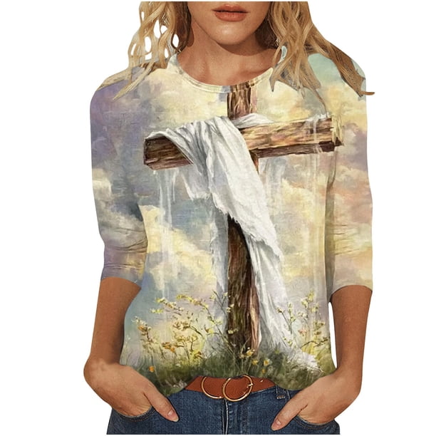 3/4 Manga Tops para las Mujeres Pascua Floral Cuello Redondo Suelto Camiseta Moda Casual