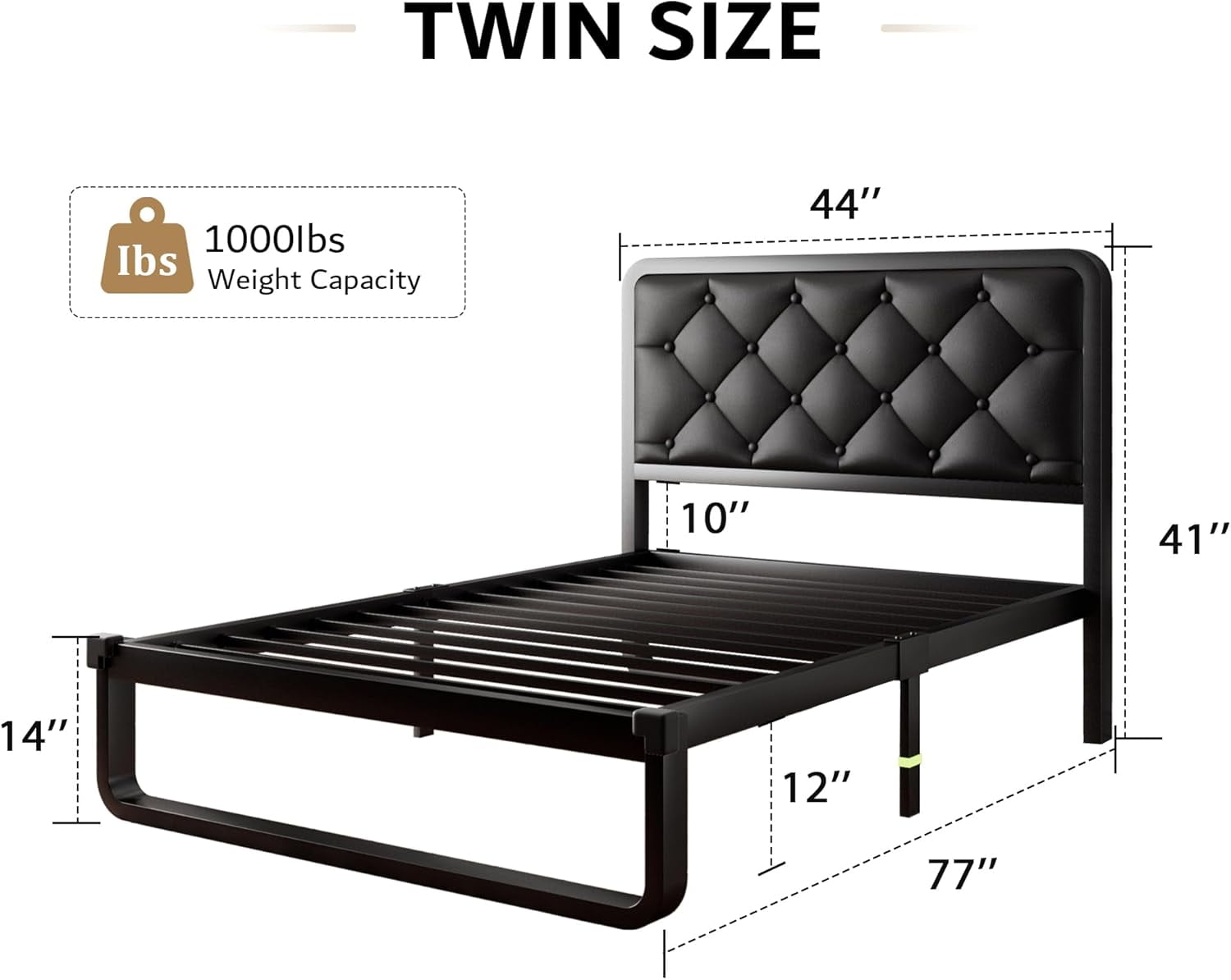 iPormis Twin Size Metal Bed Frame with Black Faux Leather Upholstered Headboard, 12'' Underbed Space,  Black
