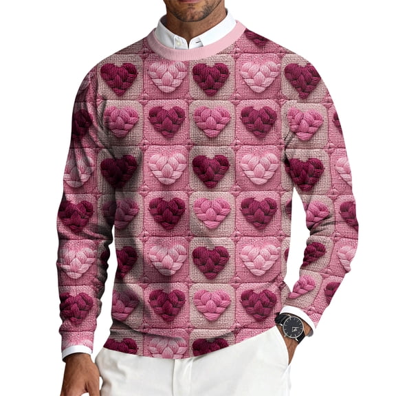 Fgvctg Men's Ribbed Valentine's Day Sweater Knit Crewneck Sweaters Love Heart Print Dressy Pullover Slim Fit Long Sleeve Sweater Lightweight Spring Clothes Hot Pink 3XL