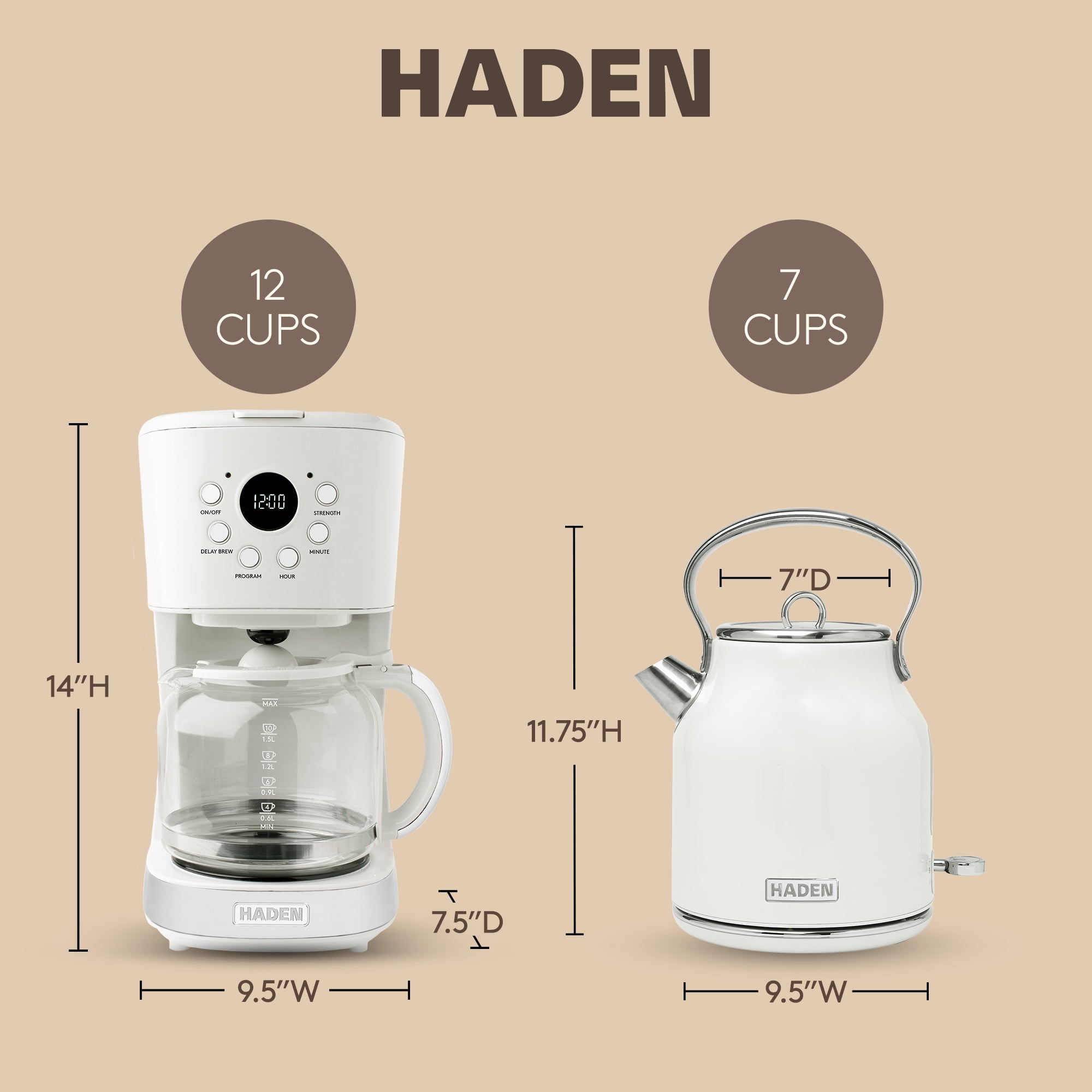 Haden Coffee Maker & Heritage 1.7 Liter Electric Kettle, Ivory & Chrome