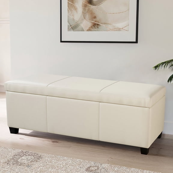 47" Elegant Faux Leather Solid Rectangular Storage Ottoman Bench Large, Cream