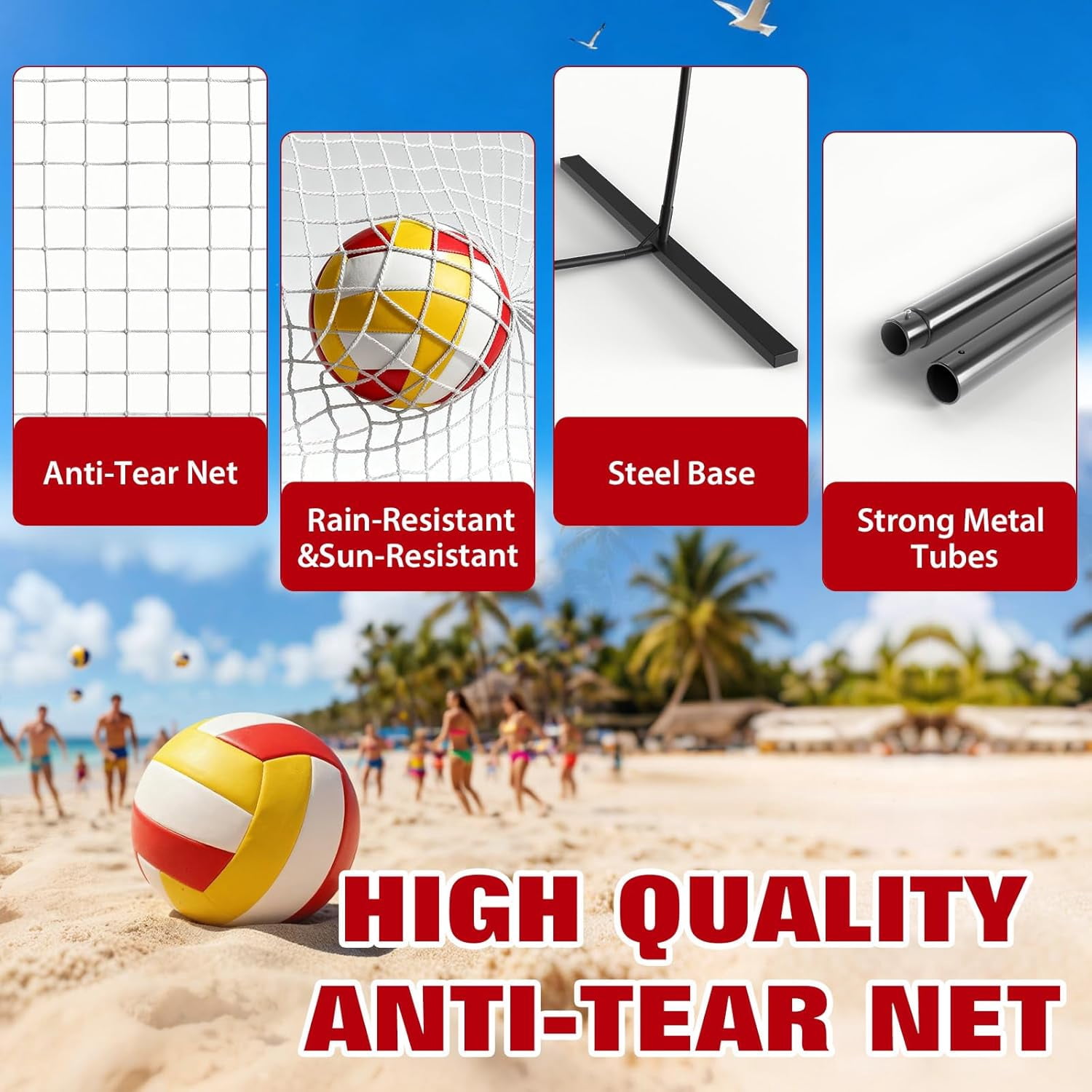 Riedhoff 12 ft Portable Volleyball Net with Stand, Height Adjustable, with Carry Bag, Red & Black