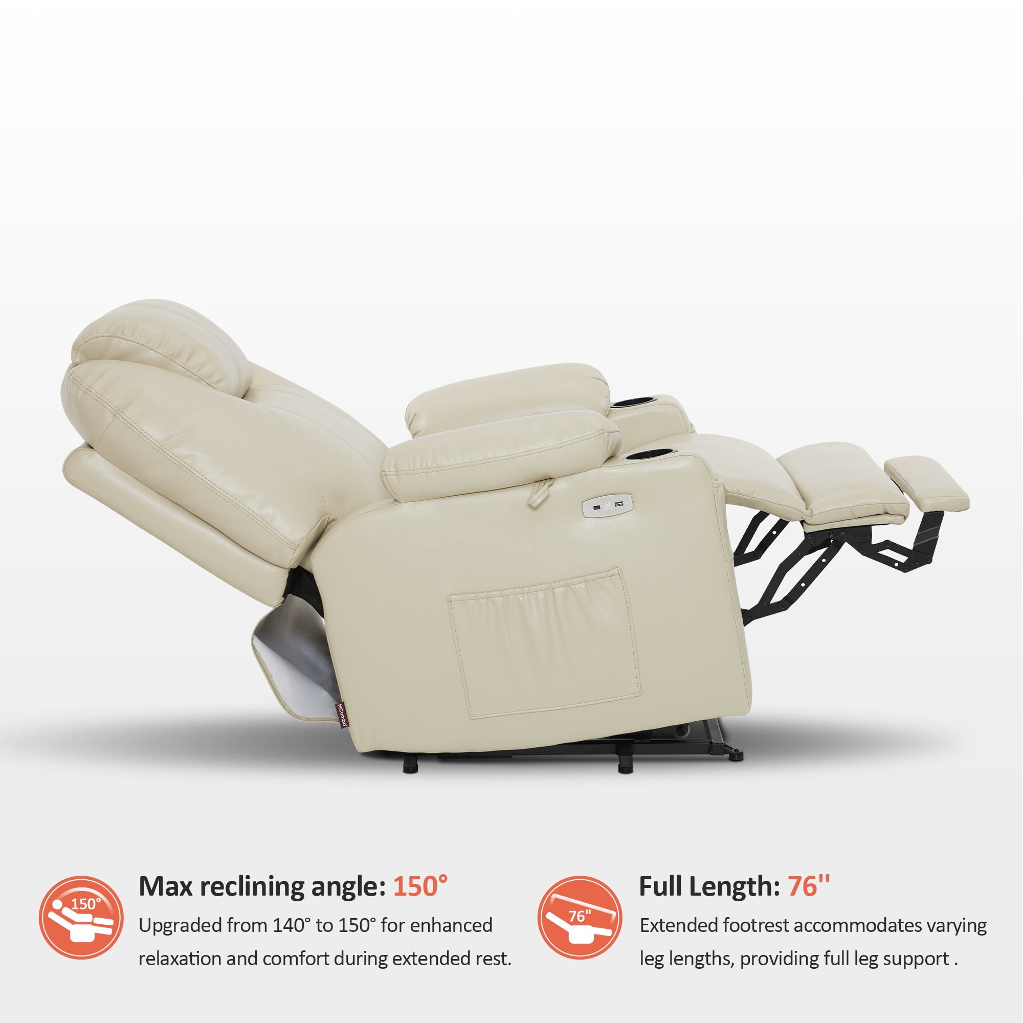 MCombo Large-Wide Power Lift Recliner Chair Sofa with Massage and Heat for Elderly People, Cup Holders, USB&Type C Ports, Side Pockets, Faux Leather (Cream White, Large-Wide)