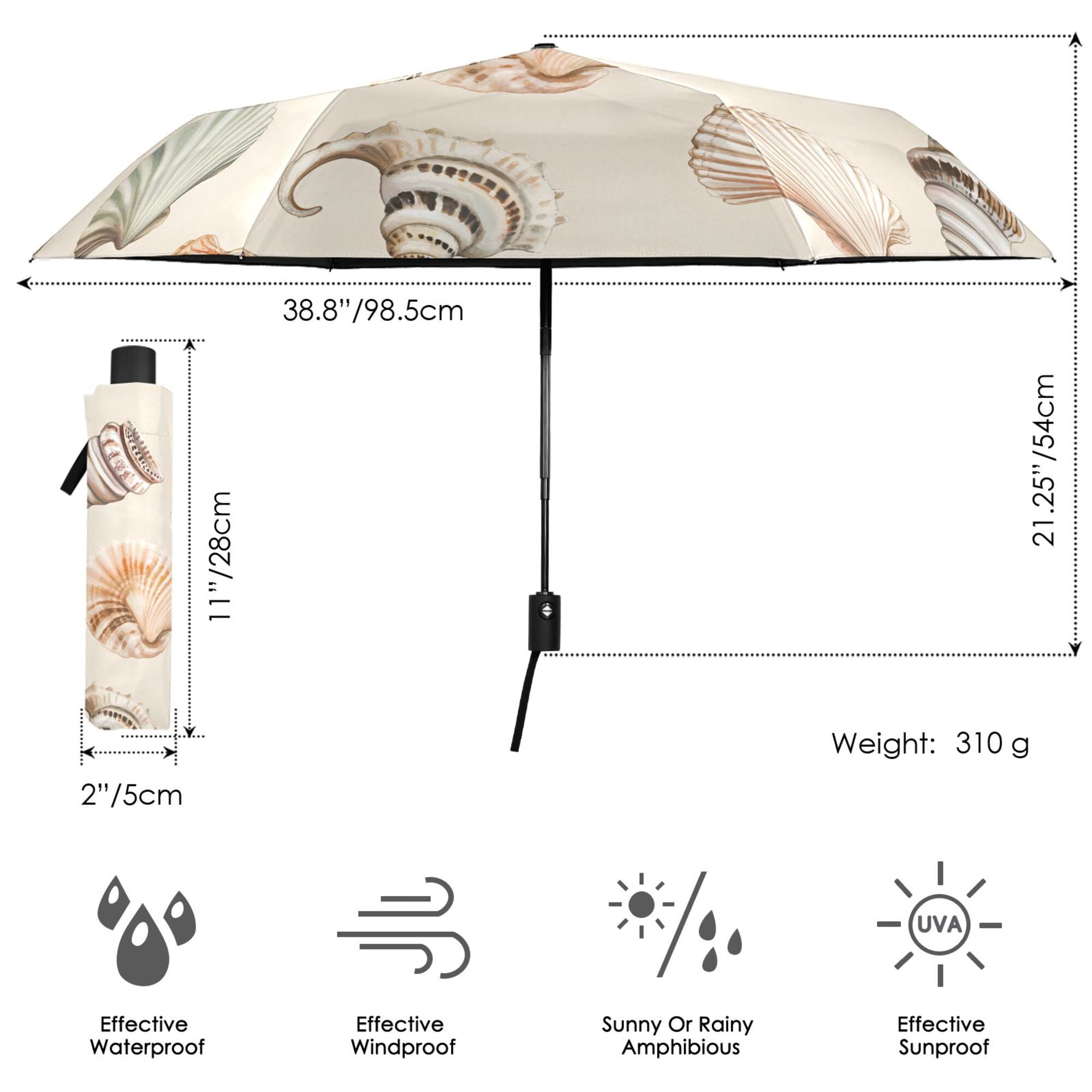 FORMRS Travel Umbrella Folding Auto Open Close Windproof Rain UV Protection, Green Watercolor Seashells