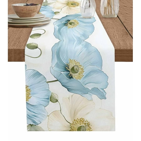 

Table Runner Dresser Scarf 13 x 120 Inch Spring Floral White Blue Poppy Flowers Leaf Watercolor Plant Table Runners Non-Slip Heat Kitchen Dining Table Decor for Indoor Outdoor Home Party Decoration