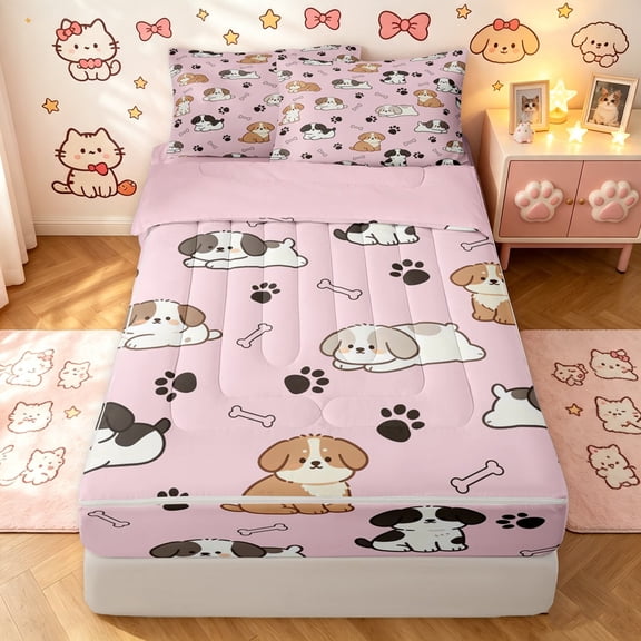 Manfei Kawaii Dog Zipper Twin Comforter Sets with Fitted Sheet and 2 Pillowcases, Puppy Paw Print Zipper Bedding Set, Pink, Pink Reversible, 4pcs
