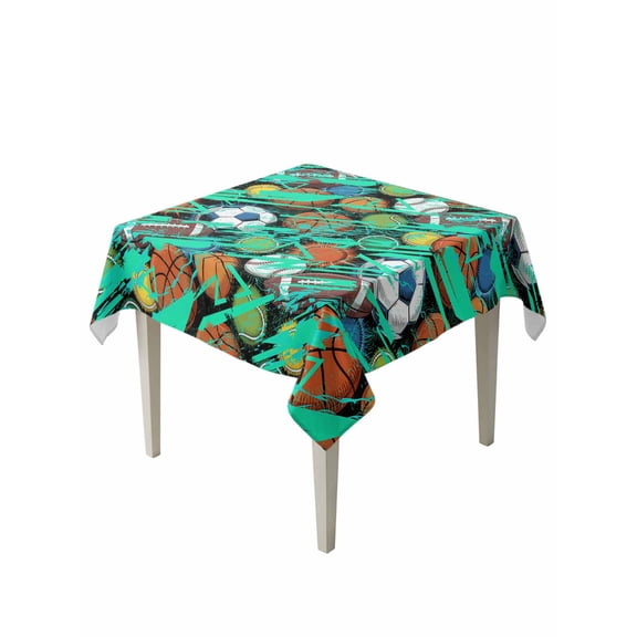 Sports Theme Table Cloth, Funny Abstract Football Rugby Basketball Waterproof Tablecloth for Square Tables, Reusable Washable Fabric Table Cover for Restaurant Kitchen Dining Tables 60"x60"