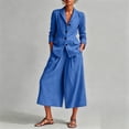 thumbnail image 2 of Linen Blazer and Pants Matching Set for Women Dressy Casual Work Jackets with Wide Leg Capris 2 Piece Business Outfits Blue M, 2 of 7