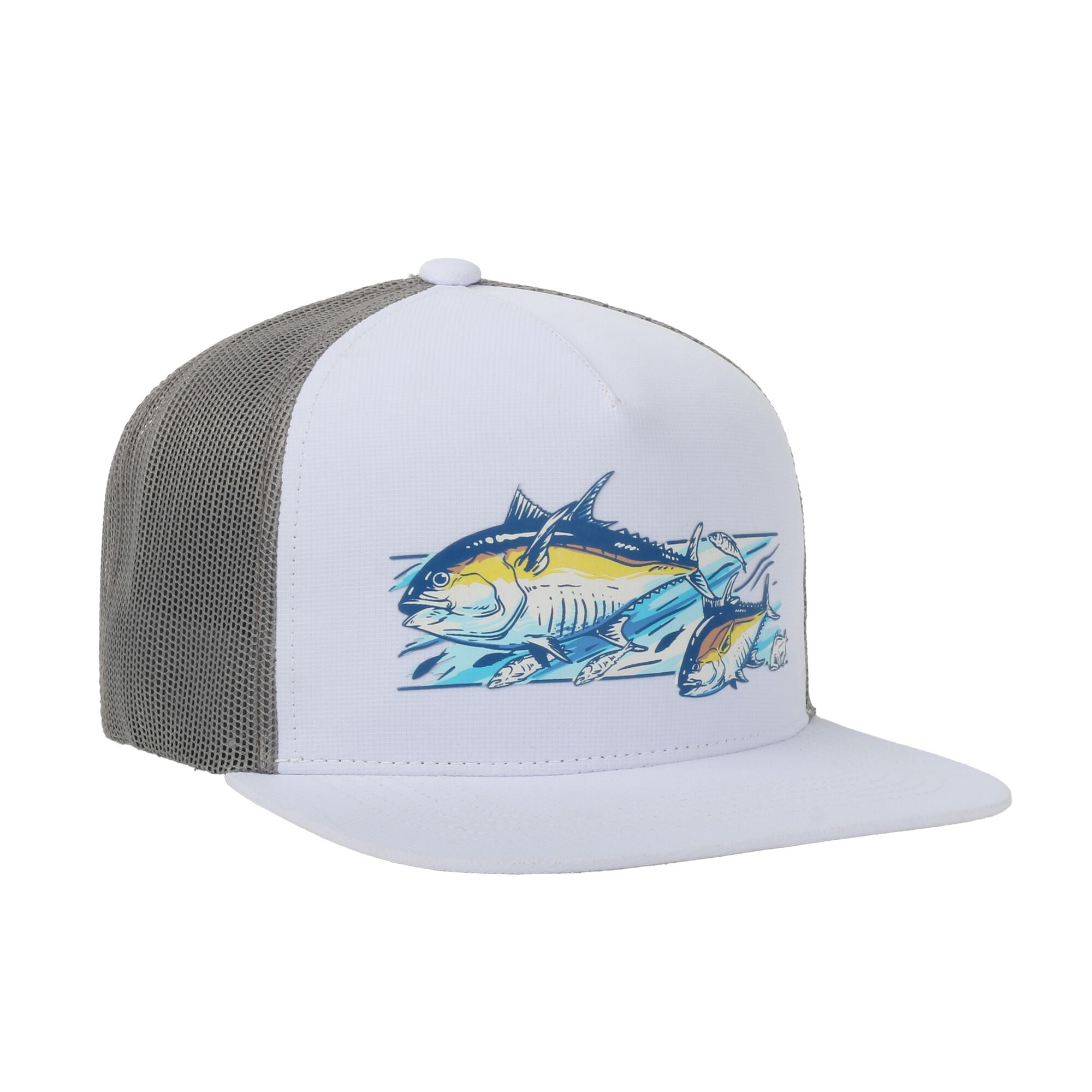 White/Grey Mahi Mahi 5-Panel Fishing Cap – Structured, Flat Bill Snapback, One Size