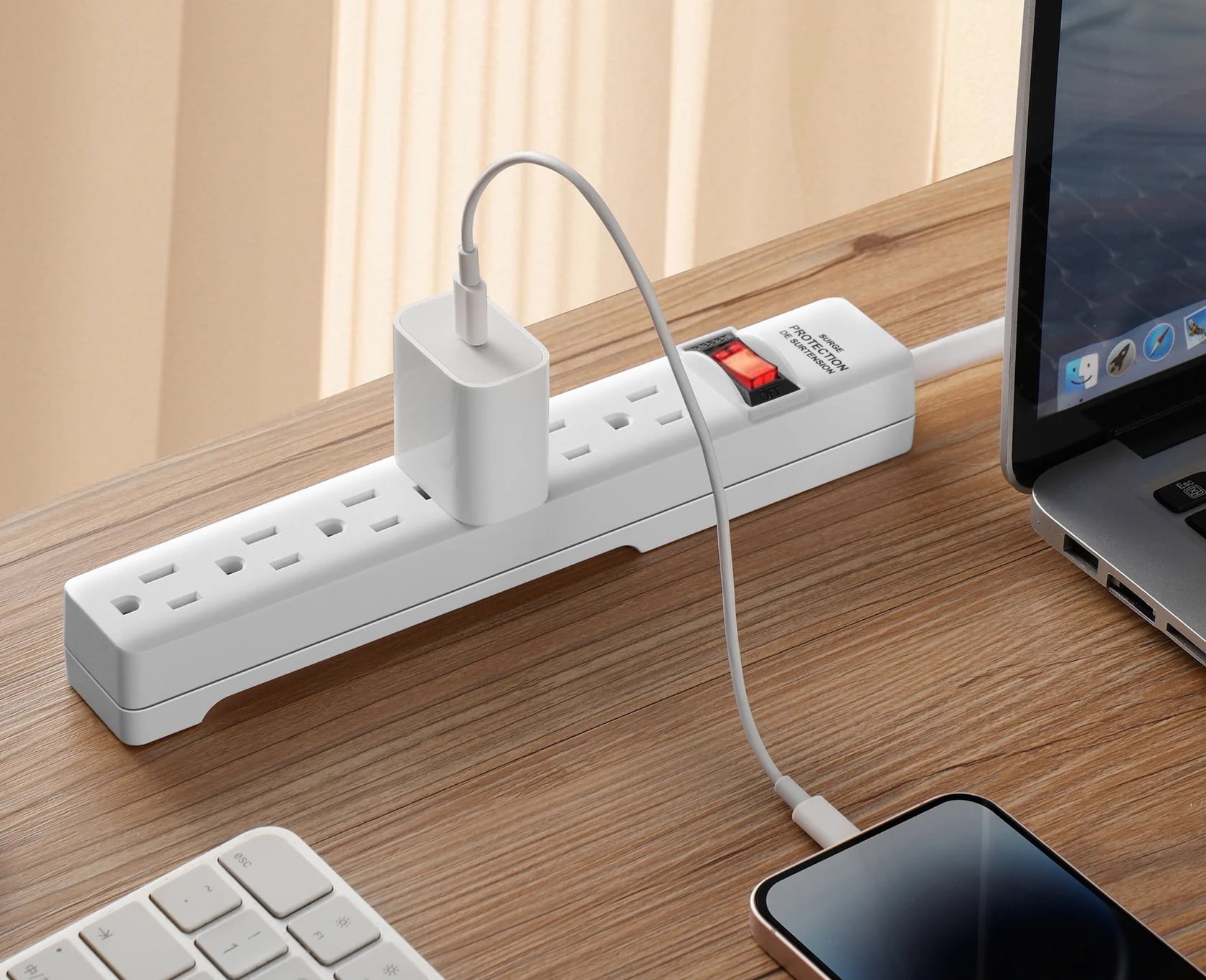 Hyper Tough Surge Protector Power Strip, 6 Outlets, 2.5 ft Extension Cord, Grounded, White, 2-Pack