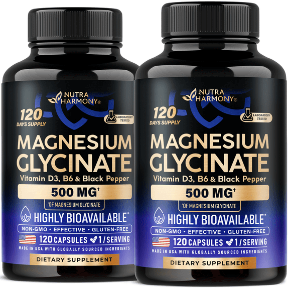 Magnesium Glycinate 500 mg - Chelated Supplement - 98% High Absorption - Support for Sleep, Muscle & Heart Health - Made in USA, Lab Tested & Non-GMO - 120 Capsules Pack of 2