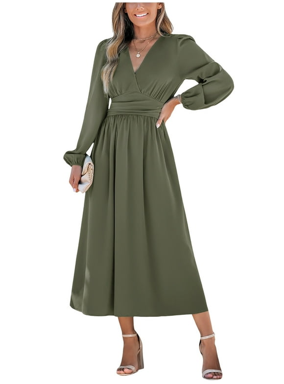 Women's Green Puff Sleeve Surplice Midi Dress, Size S-XL