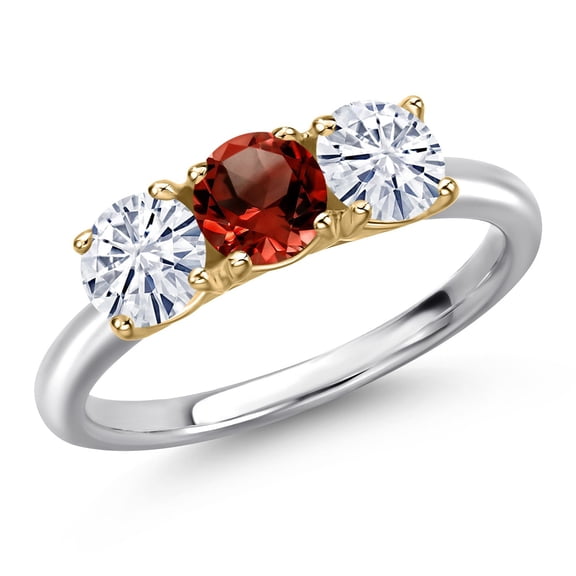 Gem Stone King 925 Silver and 10K Yellow Gold Red Garnet and White Moissanite Engagement Ring for Women | 1.55 Cttw | Round 5MM | Gemstone January Birthstone | Size 7
