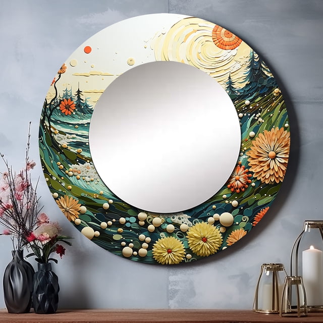 Designart "Beach Tidepool Euphony Pointillism I" Beach & Ocean Round Mirror Wall Décor Country - Large Green Round Mirror - Round Mirror 23" x 23" Inch
