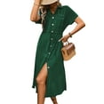 thumbnail image 2 of Women'S Solid Color Dress Summer Casual Short Sleeve Button V Neck Dresses Long Beach Shirt Dress with Pockets, 2 of 9