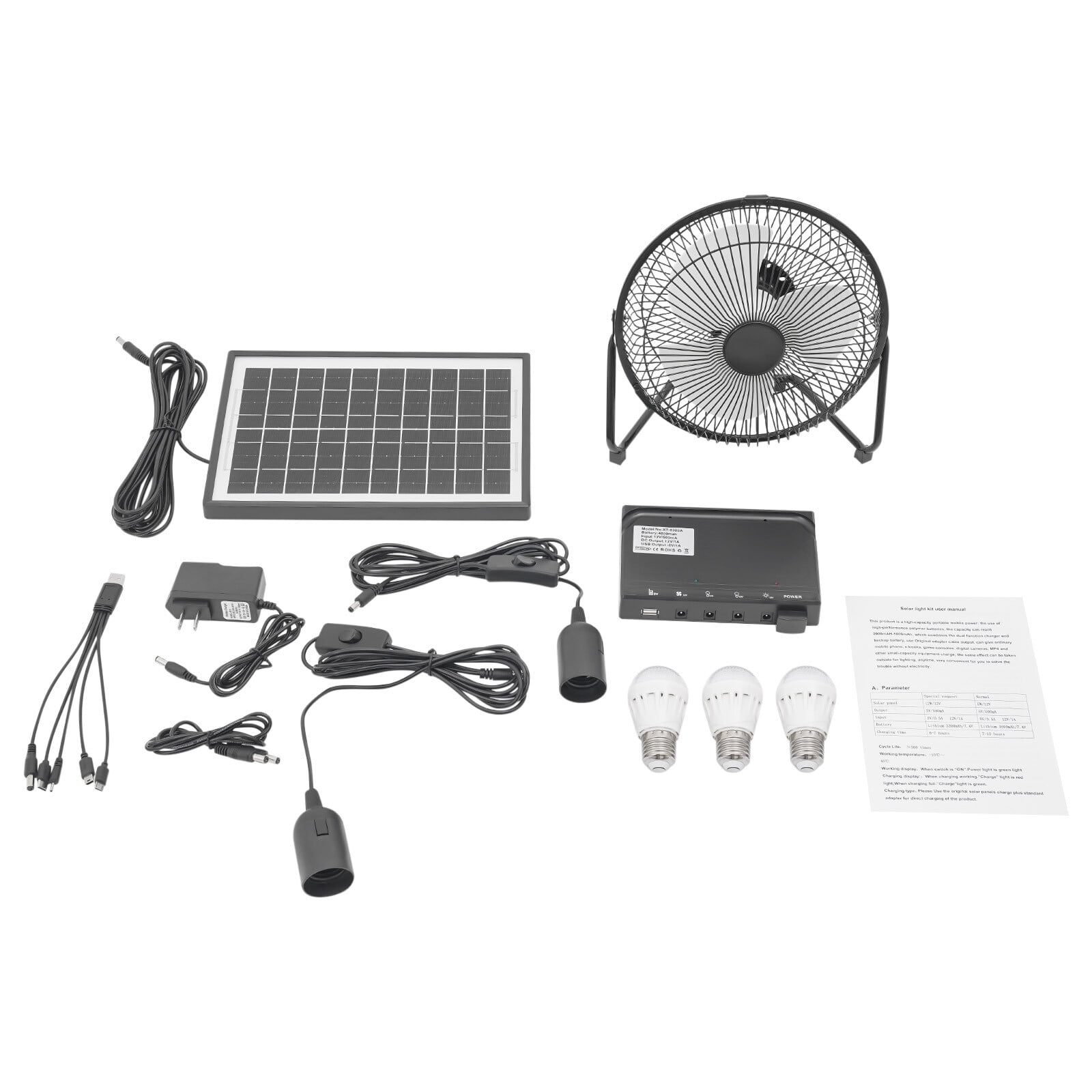 4000mAh Solar Lighting System Kit,12V/500mA 3*LED Lights & Solar Power Panel & Charger & Adapter& FanFor Camping,Tiny Home Emergency, Hurricane