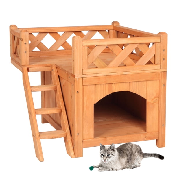 Pet Cat House, Wooden Cat Room Shelter with Stairs, Raised Roof and
