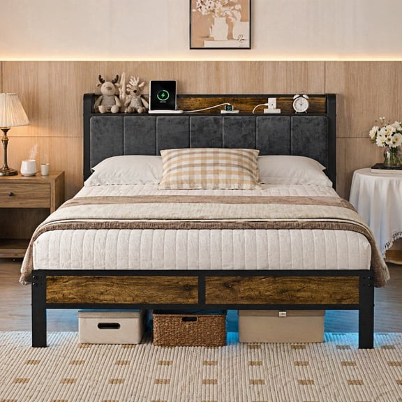 Bexfil Full Size Platform Bed Frame with Storage Headboard, LED Bed Frame with Charging Station, Heavy Duty Metal, Noise-Free, No Box Spring Needed, Easy Assembly
