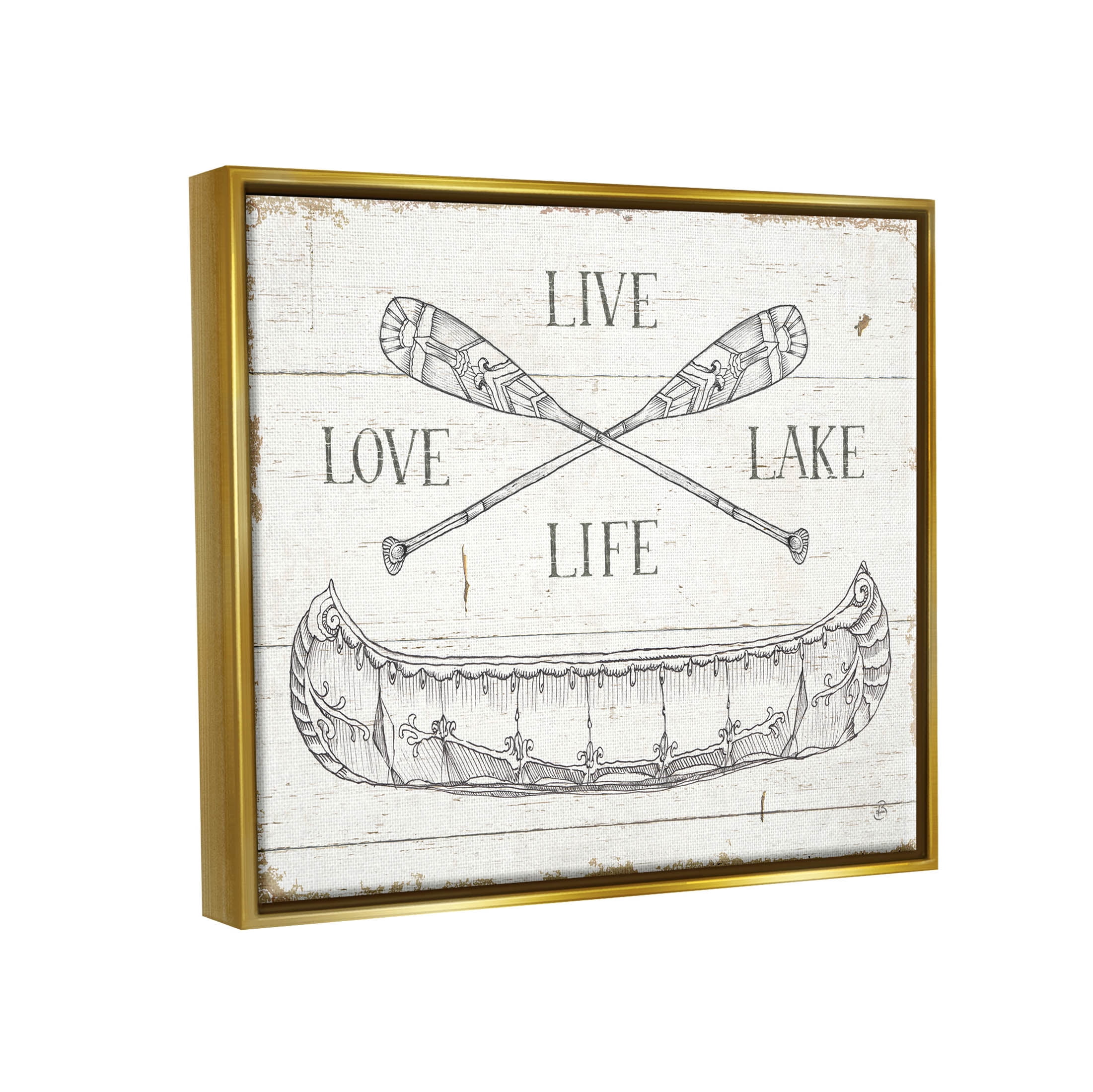 Stupell Industries Live Love Lake Rustic Canoe Oars Graphic Art Metallic Gold Floating Framed Canvas Print Wall Art, Design by Daphne Brissonnet