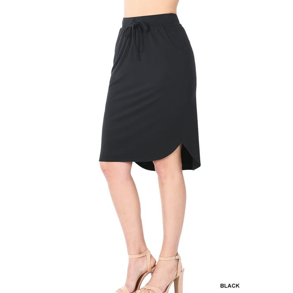 Women & Plus Elastic Waist Self-Tie Knee Length Tulip Hem Midi Skirt with Side Pockets