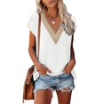 thumbnail image 1 of Blusa de manga corta, cuello en V, manga de pétalo, blusa con ribete de encaje, blusa de encaje guipur, calidad inigualable, 1 of 5