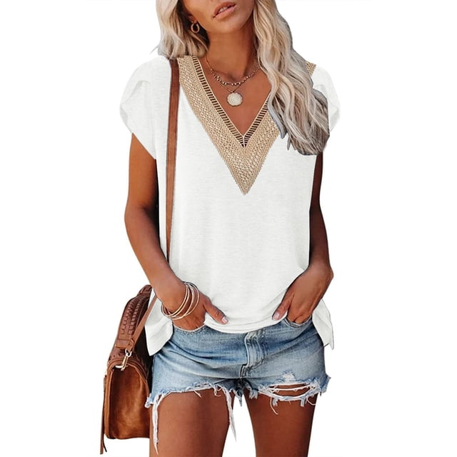 Blusa de manga corta, cuello en V, manga de pétalo, blusa con ribete de encaje, blusa de encaje guipur, calidad inigualable
