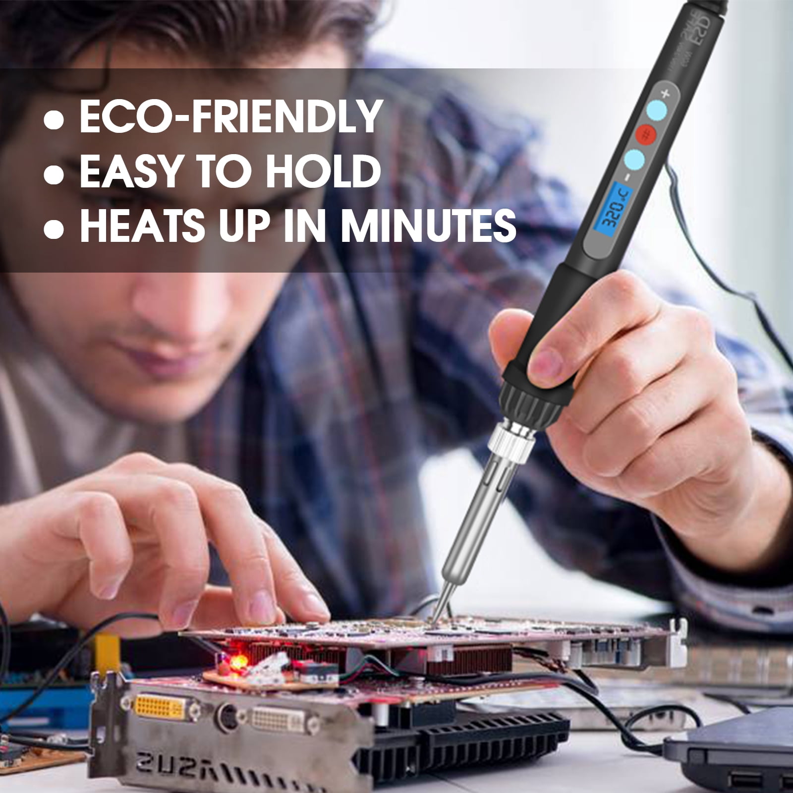 Kingsdun Soldering Iron Kit, 60W LCD Digital Soldering Gun with Adjustable Temperature Controlled and Fast Heating Ceramic Thermostatic Design ON-Off Switch 15pcs Welding Tool
