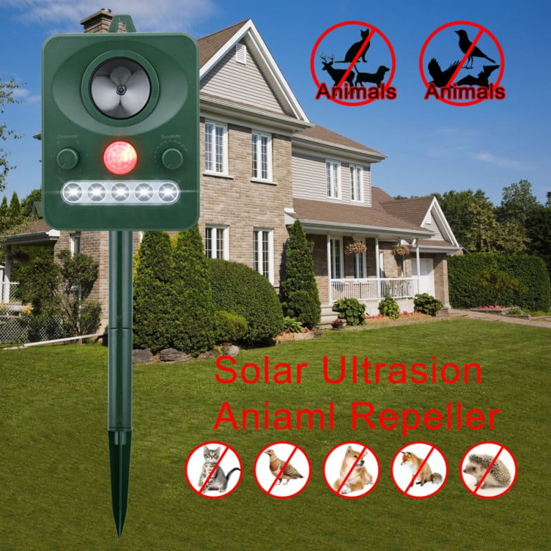 KNMY Solar Animal Outdoor Repellent Ultrasonic IP65 Waterproof Ultrasonic Auto adjustable LED flash USB Powered and Solar Operated Fox Deterrent Cat Scarer for Dog Cat Bird Fox Mink Cat Repeller
