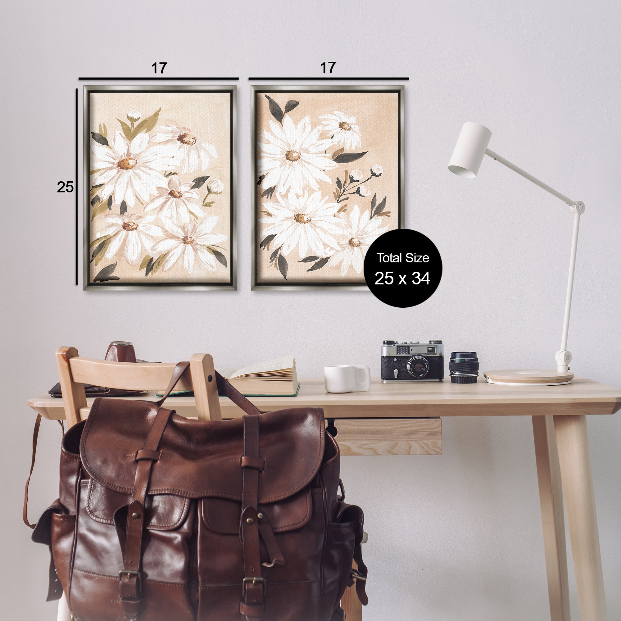 Stupell Industries White Daises on Peach Plants & Flowers Painting Gray Floater Framed Canvas Art Print Wall Art, 17 x 25, Set of 2