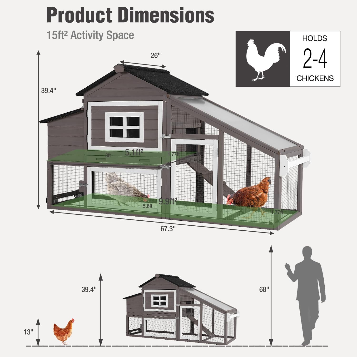 BUTINGLALE Chicken Coop on Wheels, Mobile Chicken House, Wooden Hen Houses, Outdoor Rabbit Hutch, for 2-4 Chickens 67" (Brown)