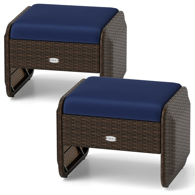 Patiojoy 2 Pieces Outdoor Patio PE Wicker Ottomans with Removable Cushions Footstools Navy